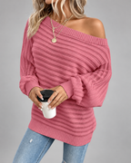 Women's Batwing Sleeve Ribbed Knit Jumper with Off Shoulder Neck
