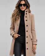 Women's Long Wool Blend Coat with High Collar and Button Front