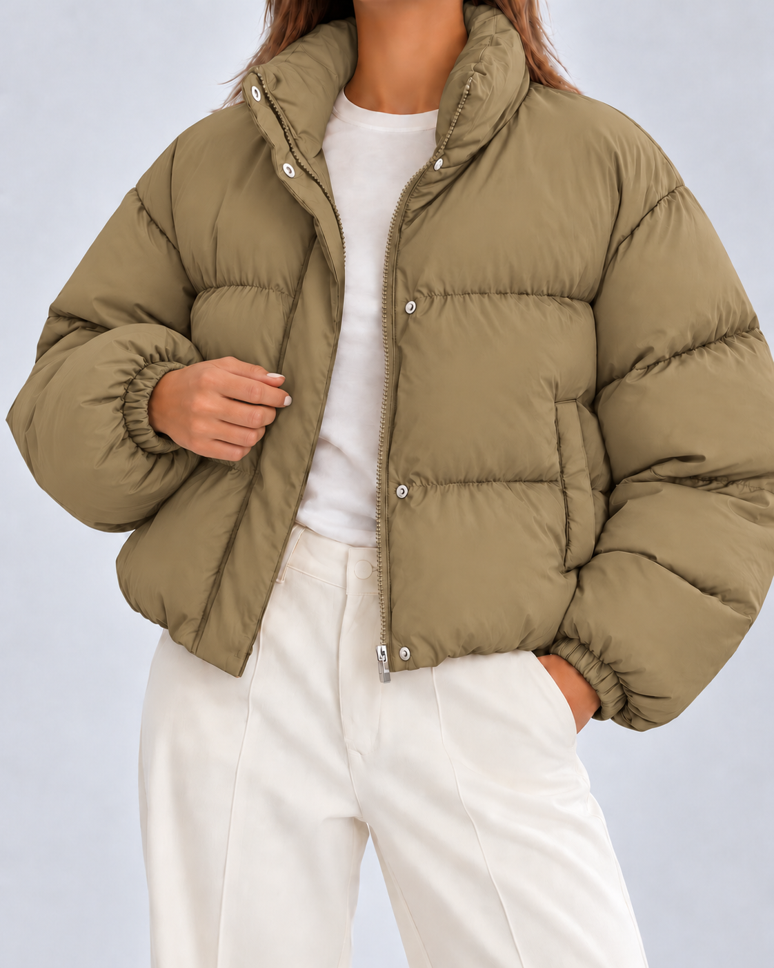 Women's Cropped Oversized Padded Puffer Jacket with Stand Collar