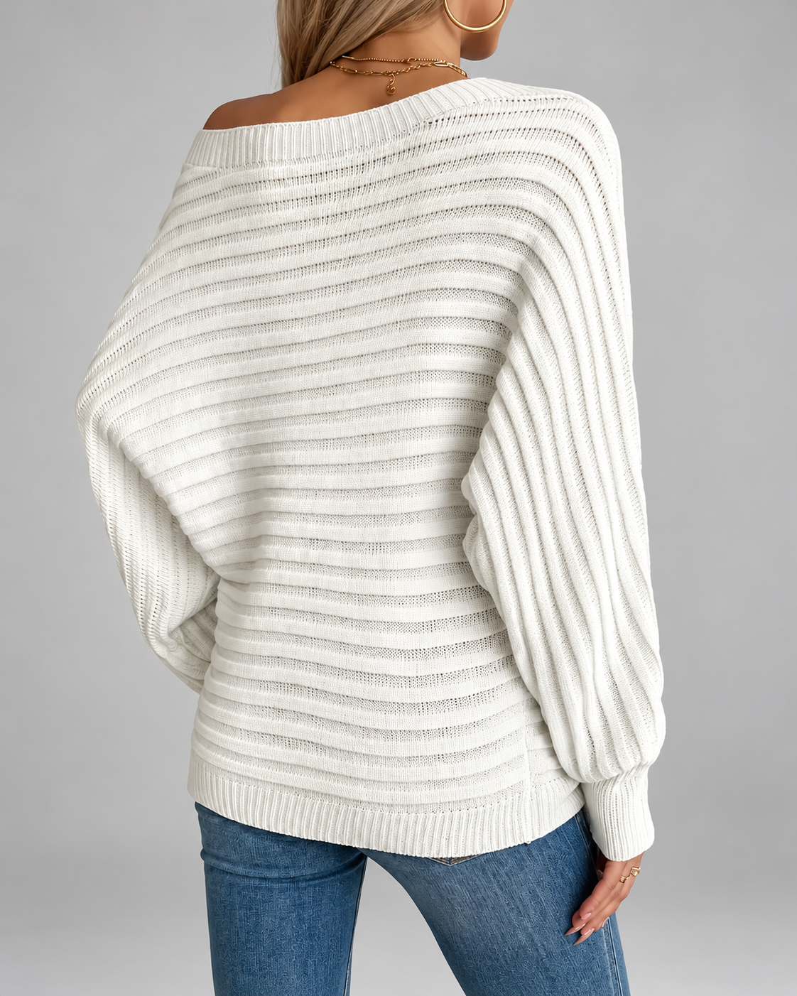 Women's Batwing Sleeve Ribbed Knit Jumper with Off Shoulder Neck