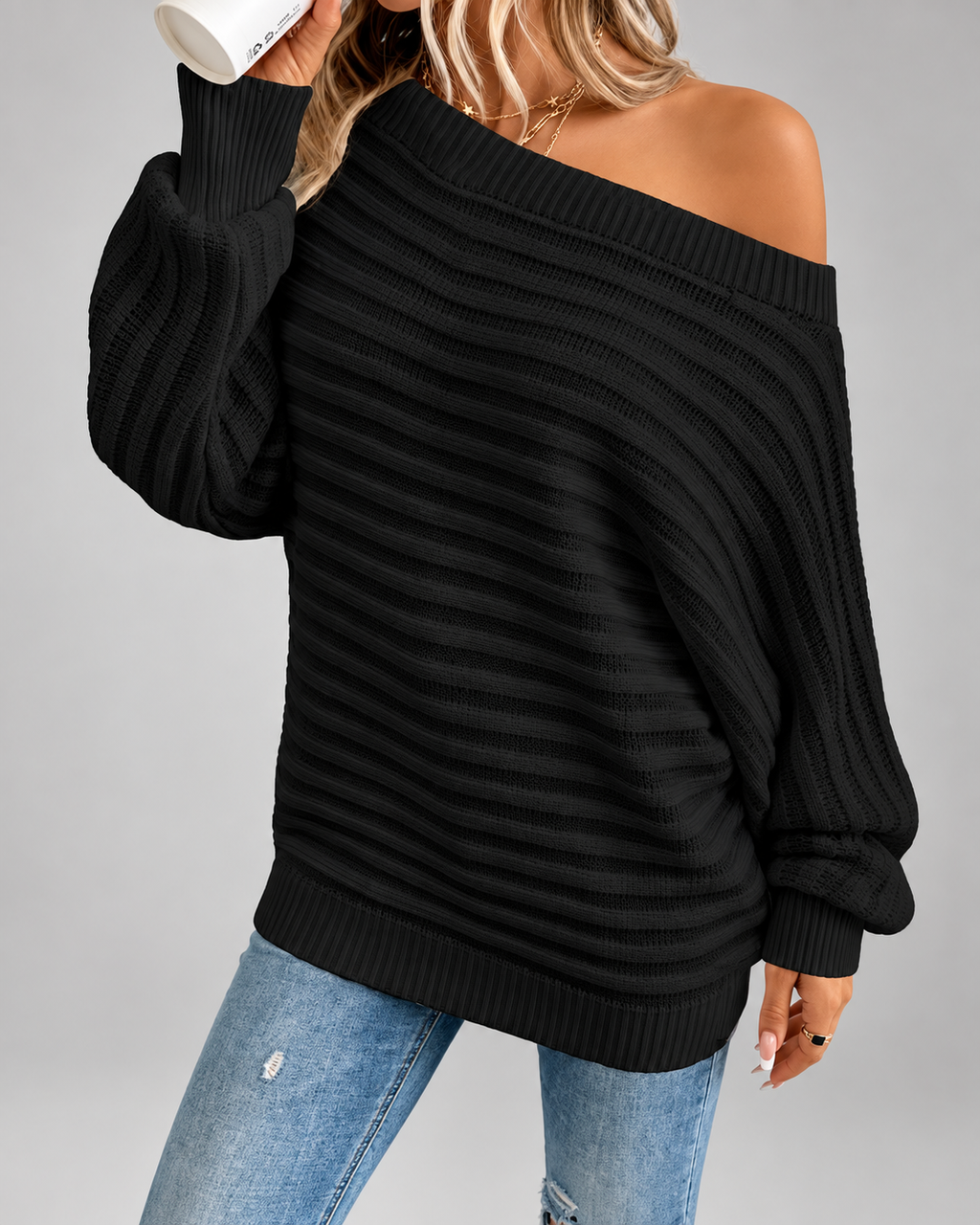 Women's Batwing Sleeve Ribbed Knit Jumper with Off Shoulder Neck