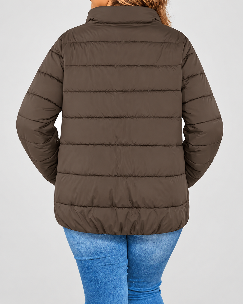 Women's Puffer Jacket with Zip Pockets and Stand Collar