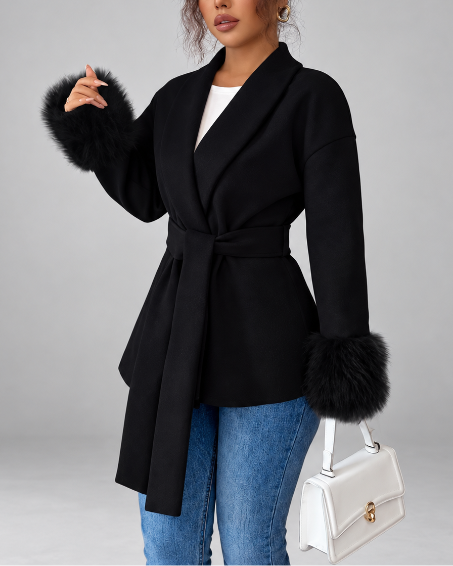 Women's Belted Blazer Jacket with Faux Fur Cuffs