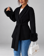 Women's Belted Blazer Jacket with Faux Fur Cuffs