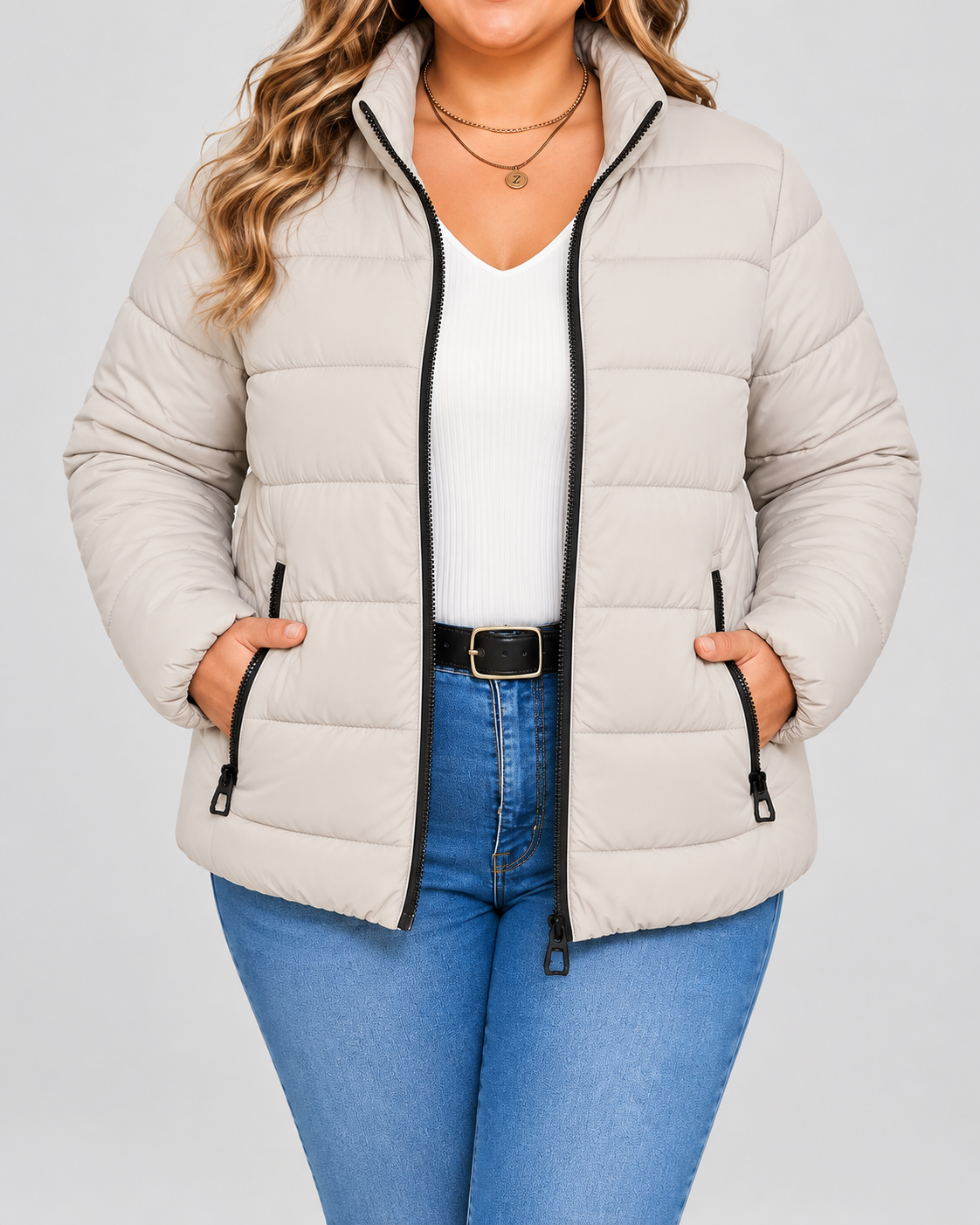 Women's Puffer Jacket with Zip Pockets and Stand Collar