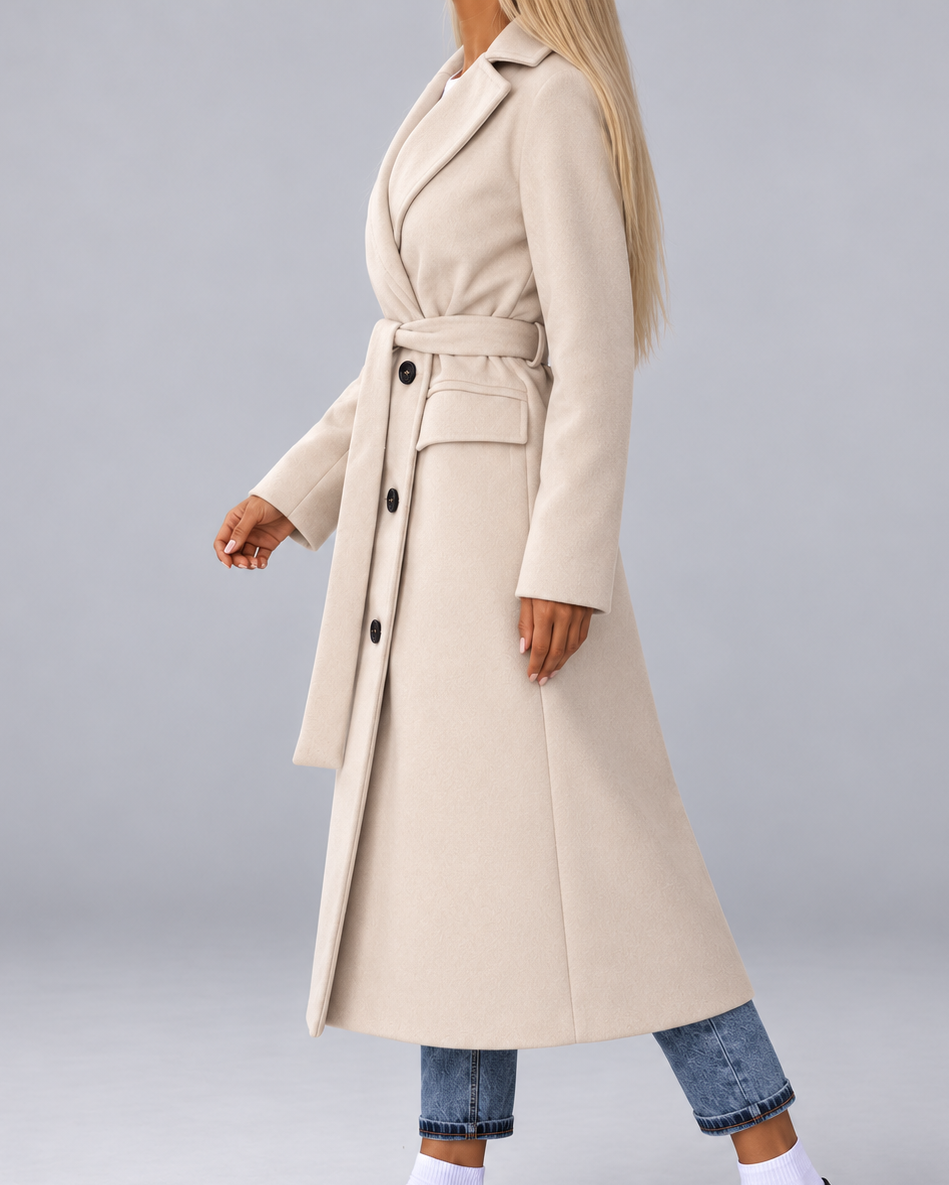 Women's Long Belted Double Breasted Coat with Lapel Collar and Pockets