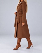 Women's Long Belted Double Breasted Coat with Lapel Collar and Pockets