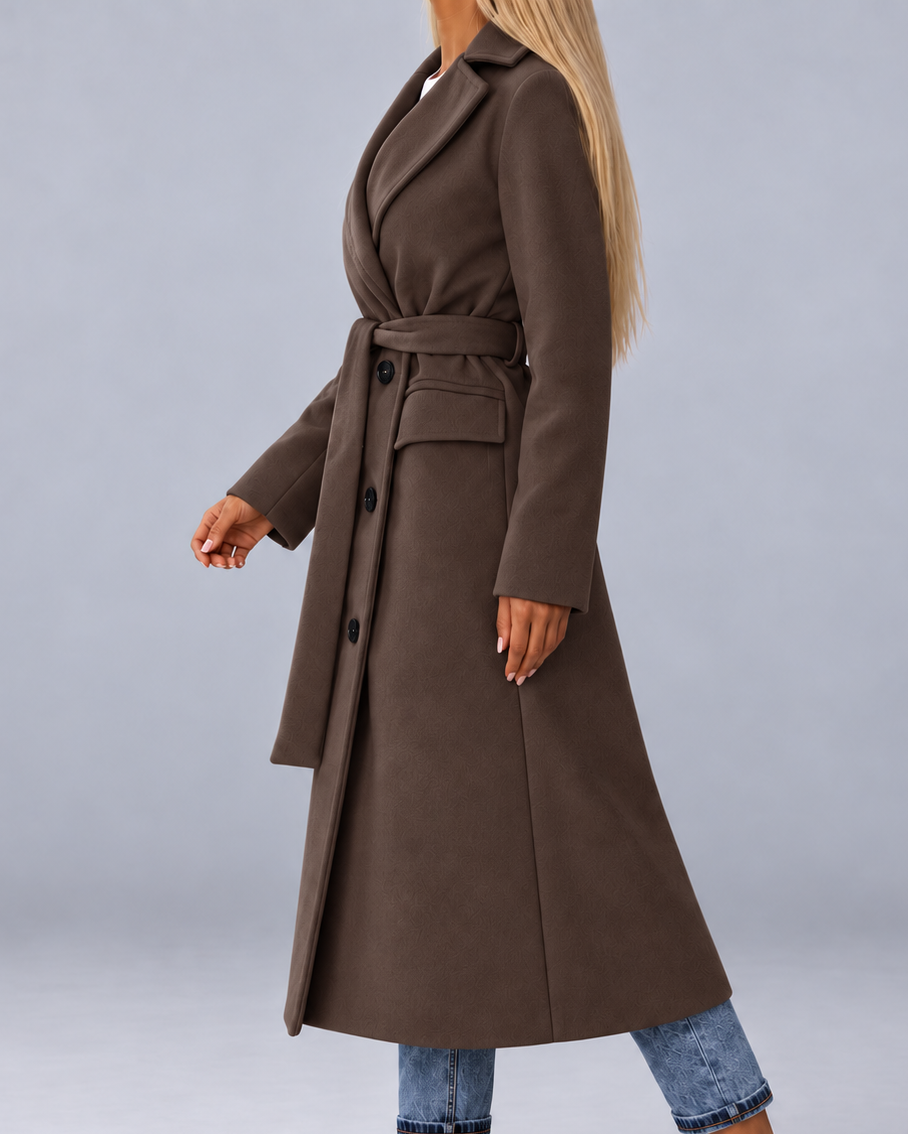 Women's Long Belted Double Breasted Coat with Lapel Collar and Pockets