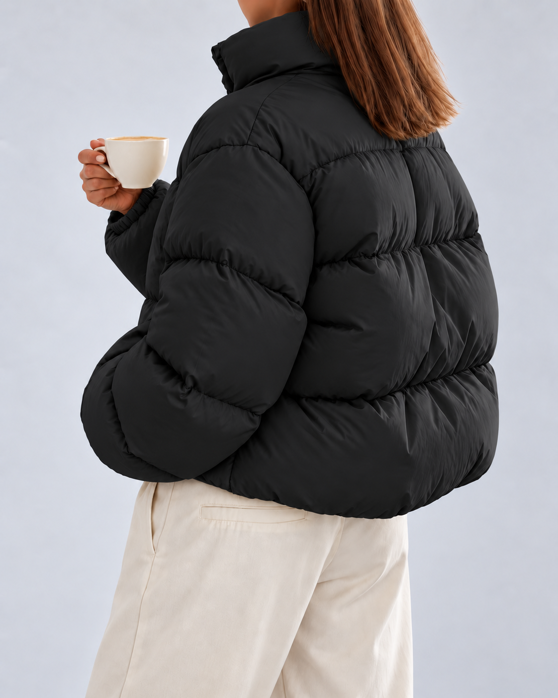 Women's Cropped Oversized Padded Puffer Jacket with Stand Collar