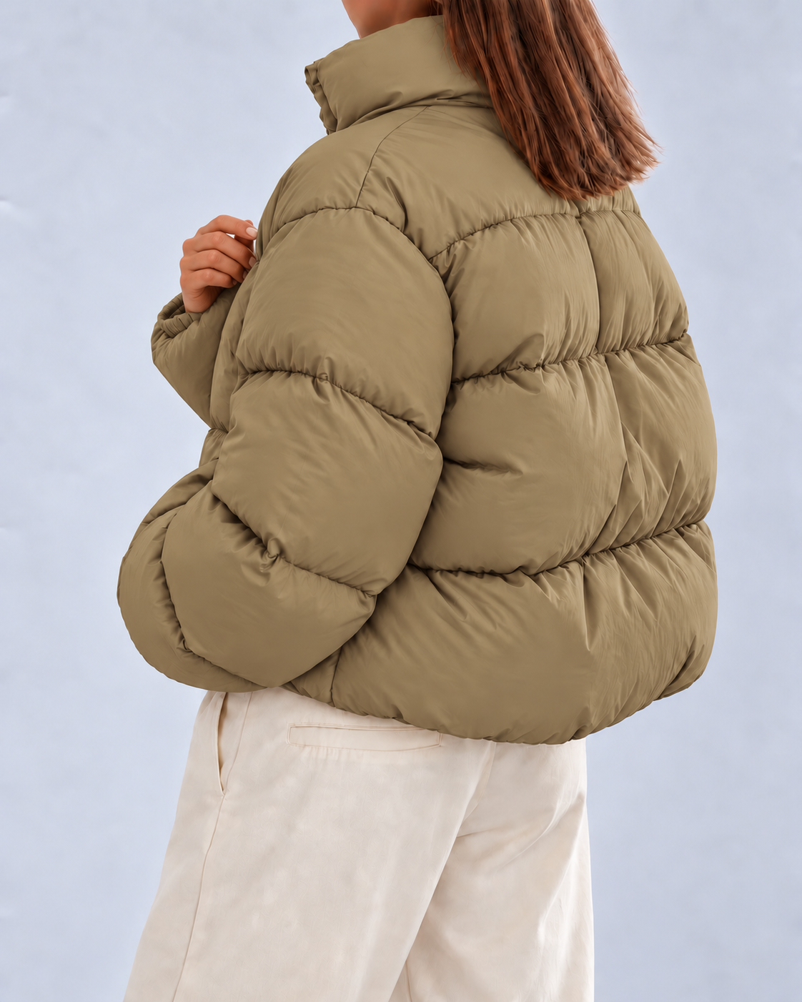 Women's Cropped Oversized Padded Puffer Jacket with Stand Collar
