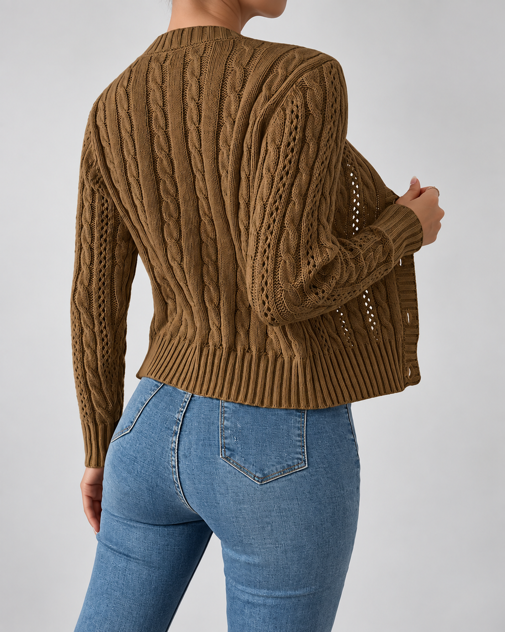 Women's Cable Knit Cardigan with Round Neck and Button Front