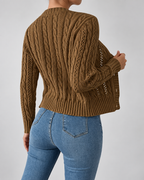 Women's Cable Knit Cardigan with Round Neck and Button Front
