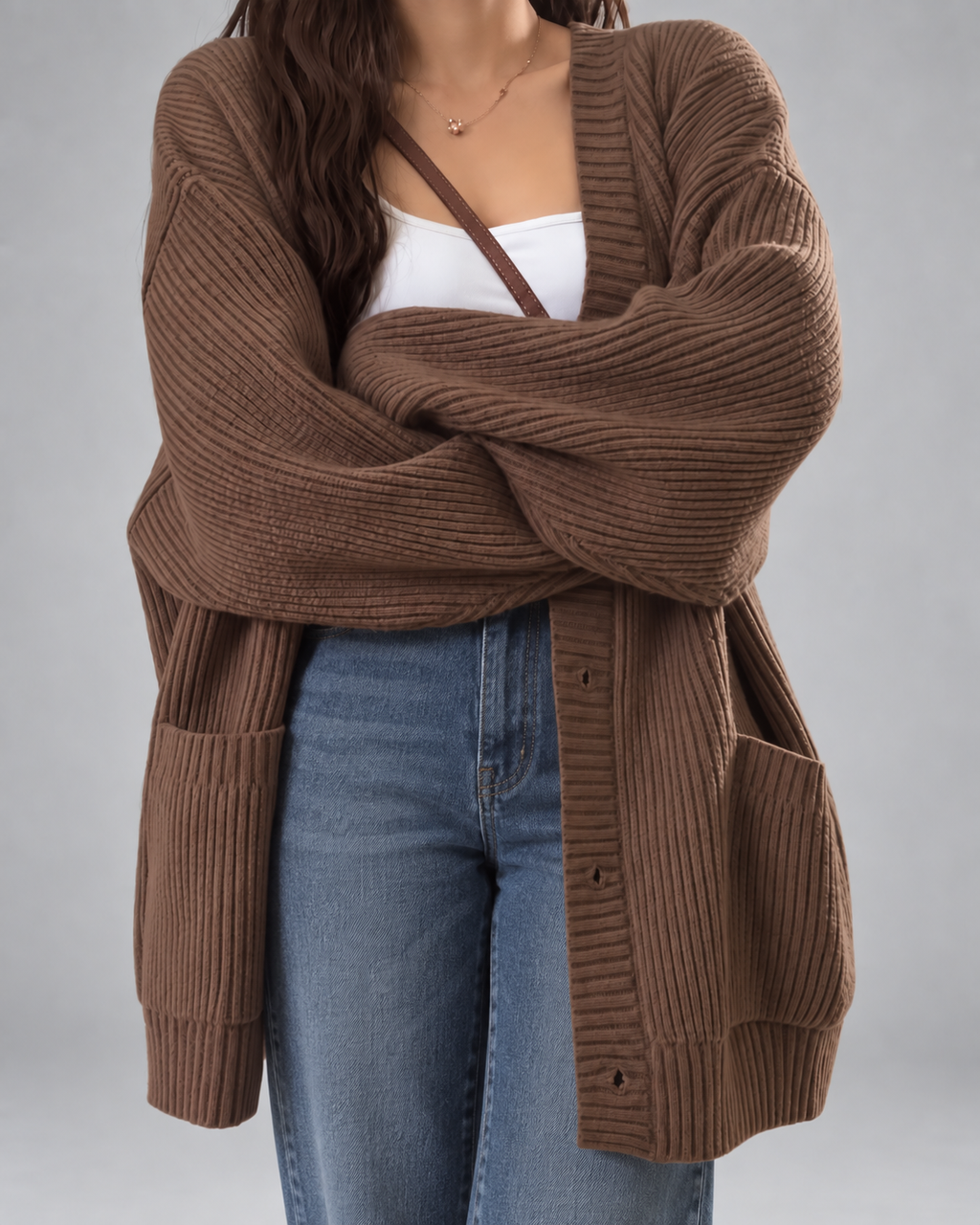 Women's Oversized V-Neck Cardigan with Button Front