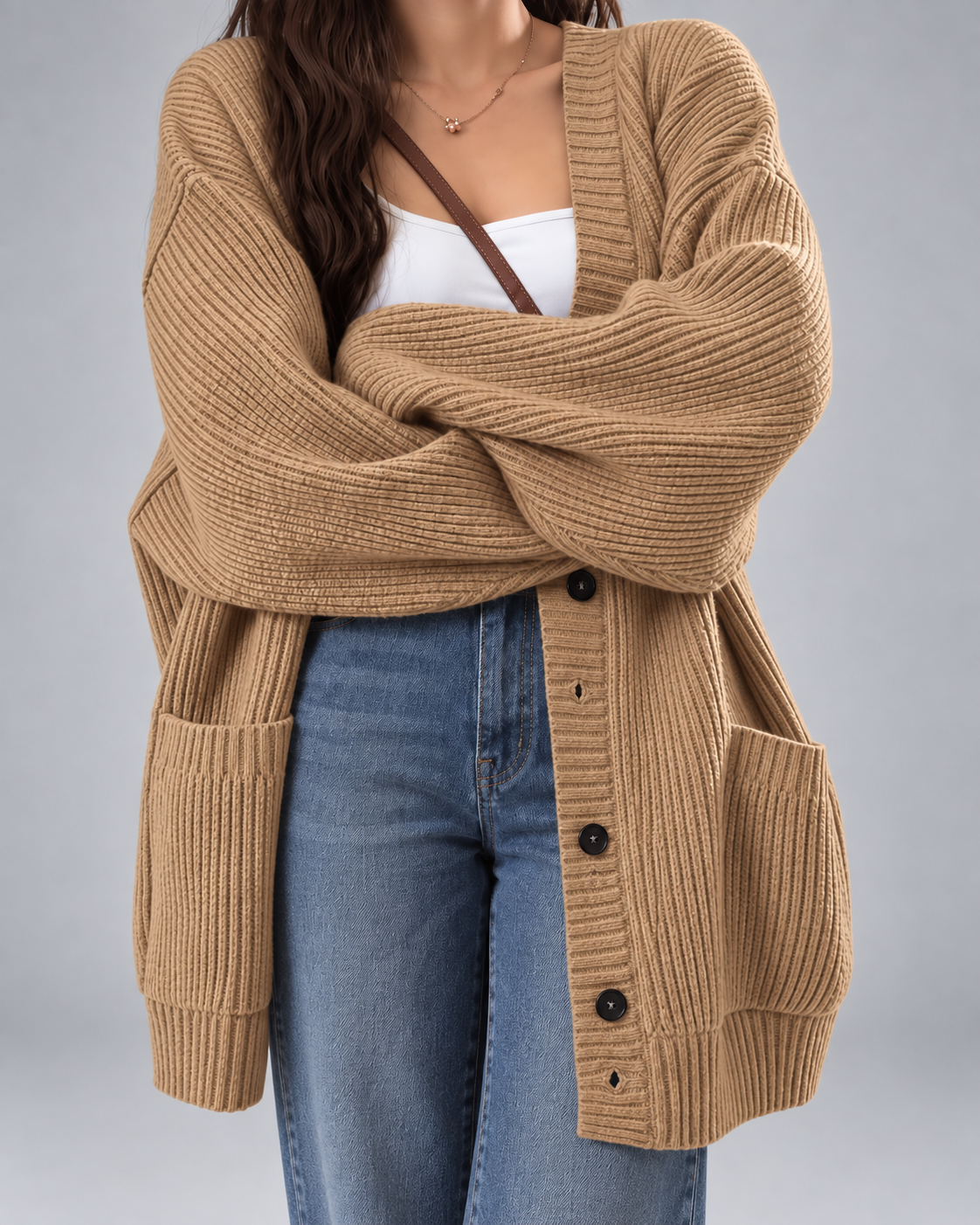 Women's Oversized V-Neck Cardigan with Button Front