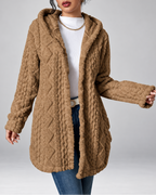 Women's Hooded Plush Cable Knit Longline Cardigan with Button Front