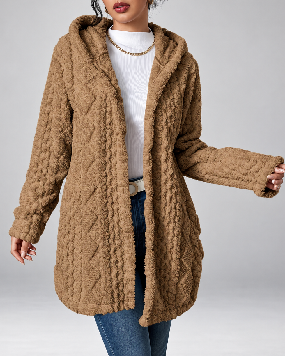 Women's Hooded Plush Cable Knit Longline Cardigan with Button Front