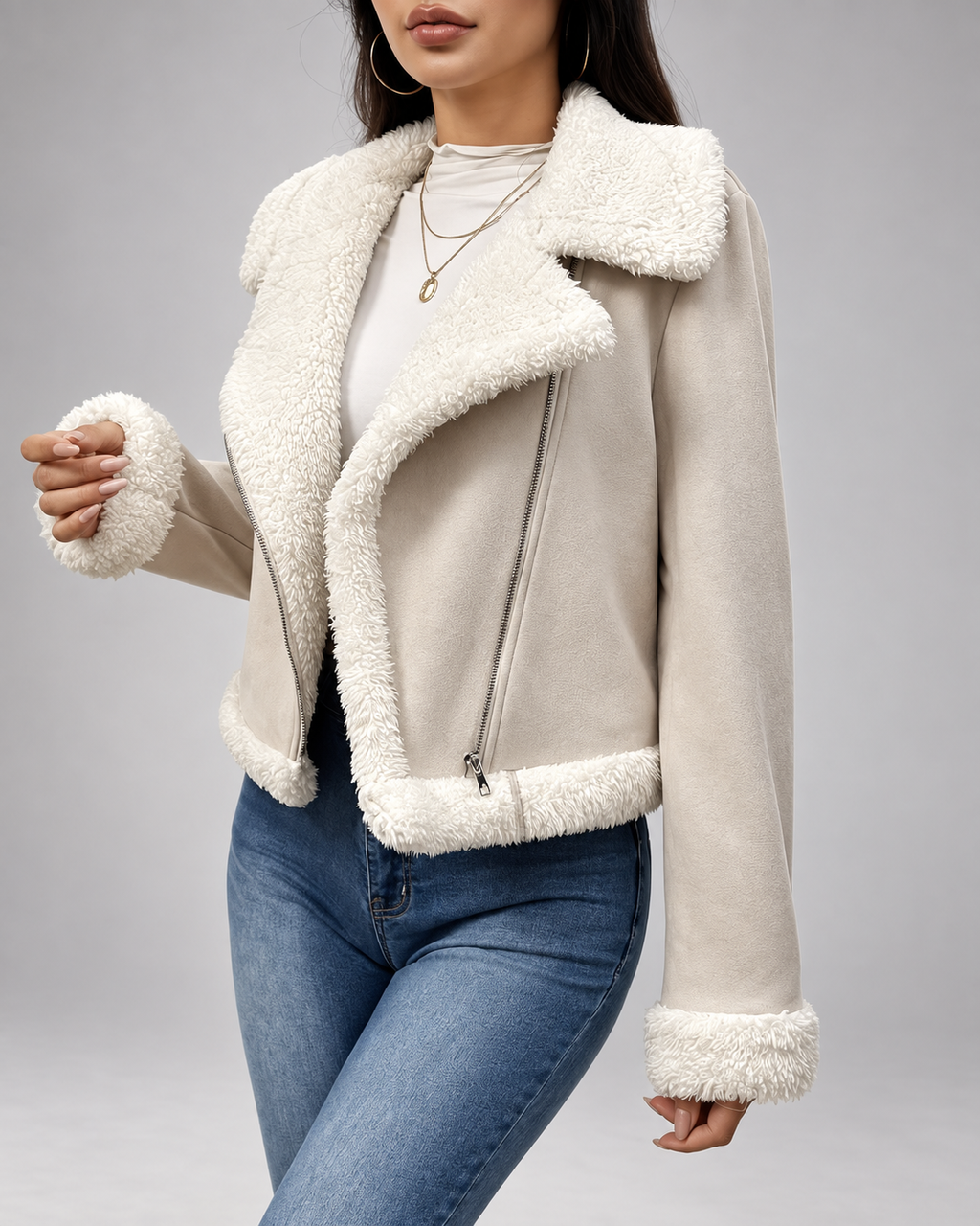Women's Suede Style Aviator Jacket with Shearling Collar and Zip Front