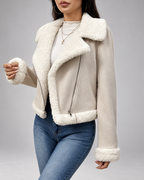 Women's Suede Style Aviator Jacket with Shearling Collar and Zip Front