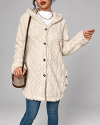 Women's Hooded Plush Cable Knit Longline Cardigan with Button Front