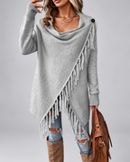 Women's Draped Knit Cardigan with Fringe Trim and Open Front