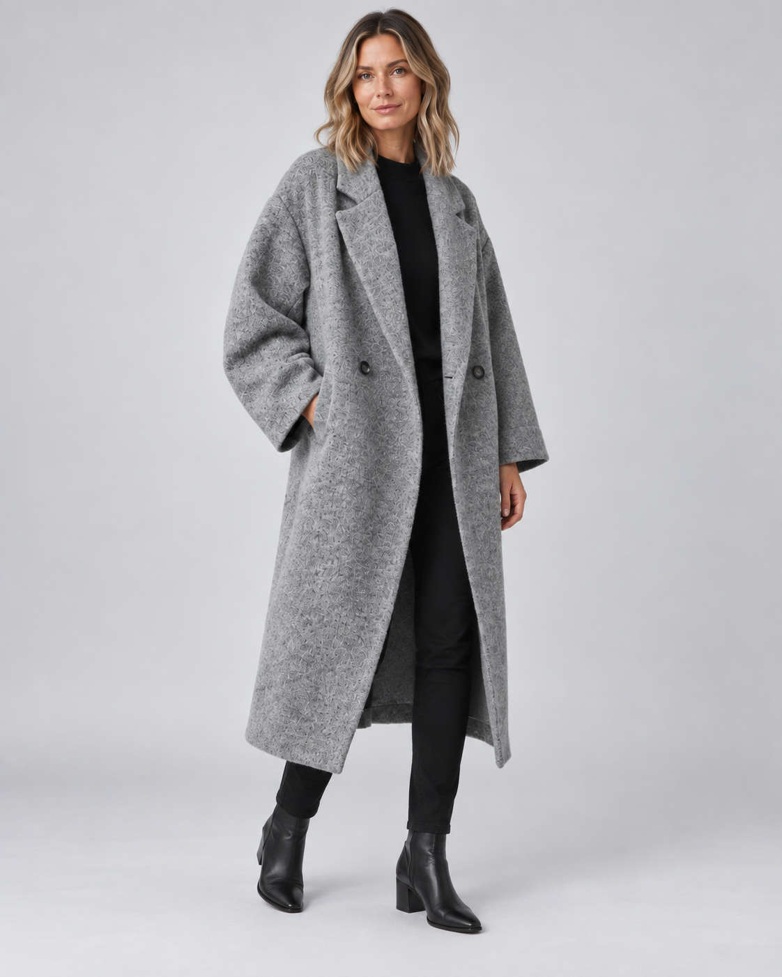 Women's Longline Coat with Notch Lapel and Double Breasted Front