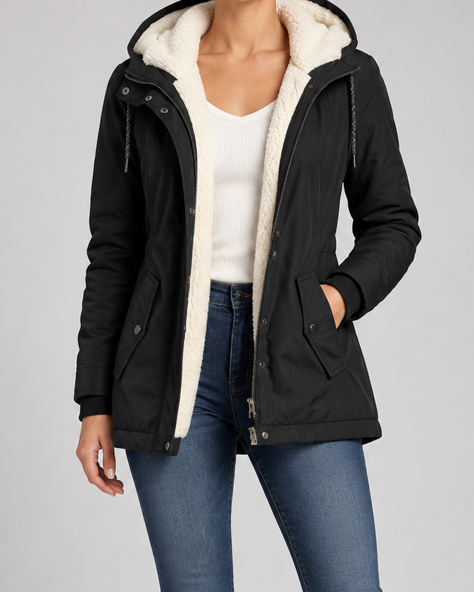 Women's Hooded Fleece-Lined Parka Coat with Zip Front