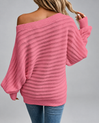 Women's Batwing Sleeve Ribbed Knit Jumper with Off Shoulder Neck
