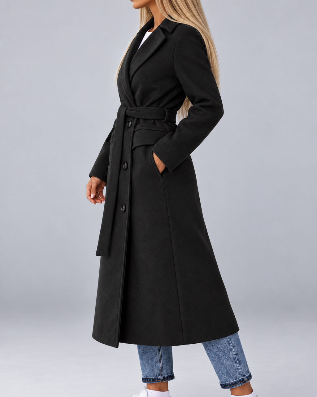 Women's Long Belted Double Breasted Coat with Lapel Collar and Pockets
