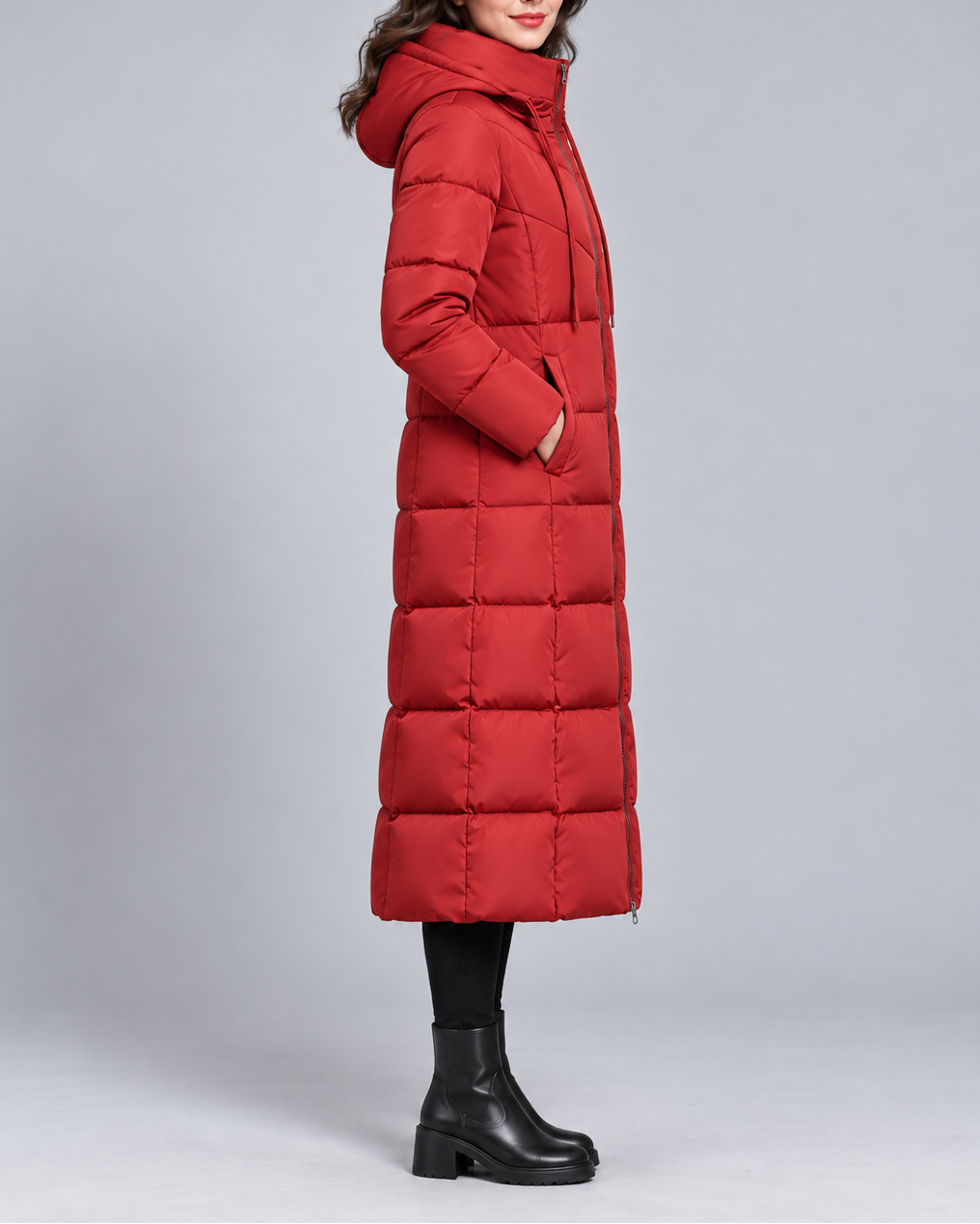 Women's Hooded Longline Padded Puffer Coat with Zip Front and Pockets
