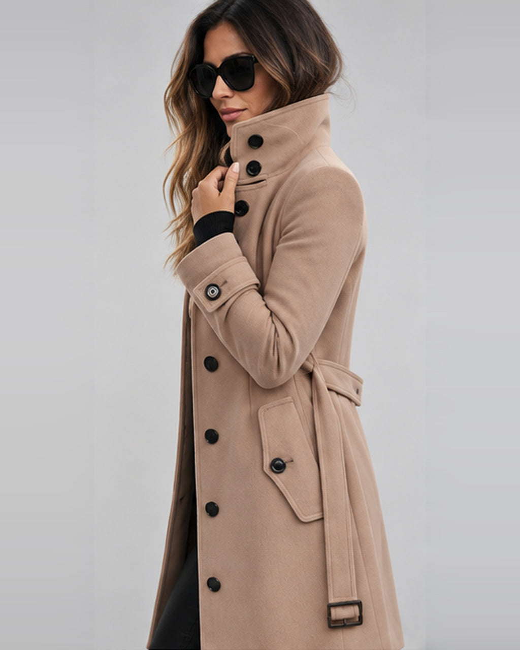 Women's Long Wool Blend Coat with High Collar and Button Front