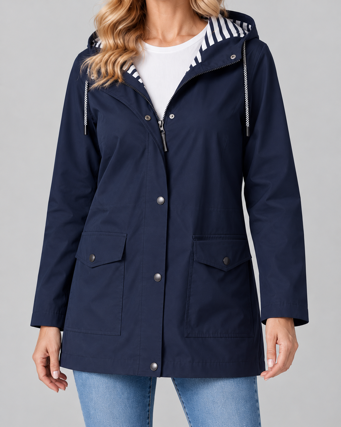 Women's Waterproof Windproof Hooded Rain Coat with Zip Front and Pockets