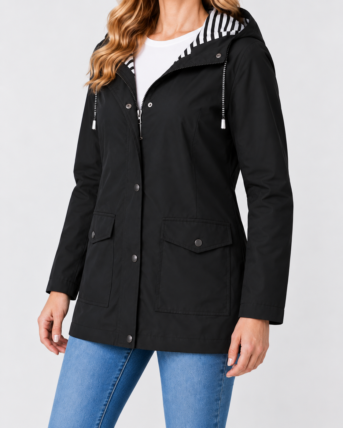 Women's Waterproof Windproof Hooded Rain Coat with Zip Front and Pockets