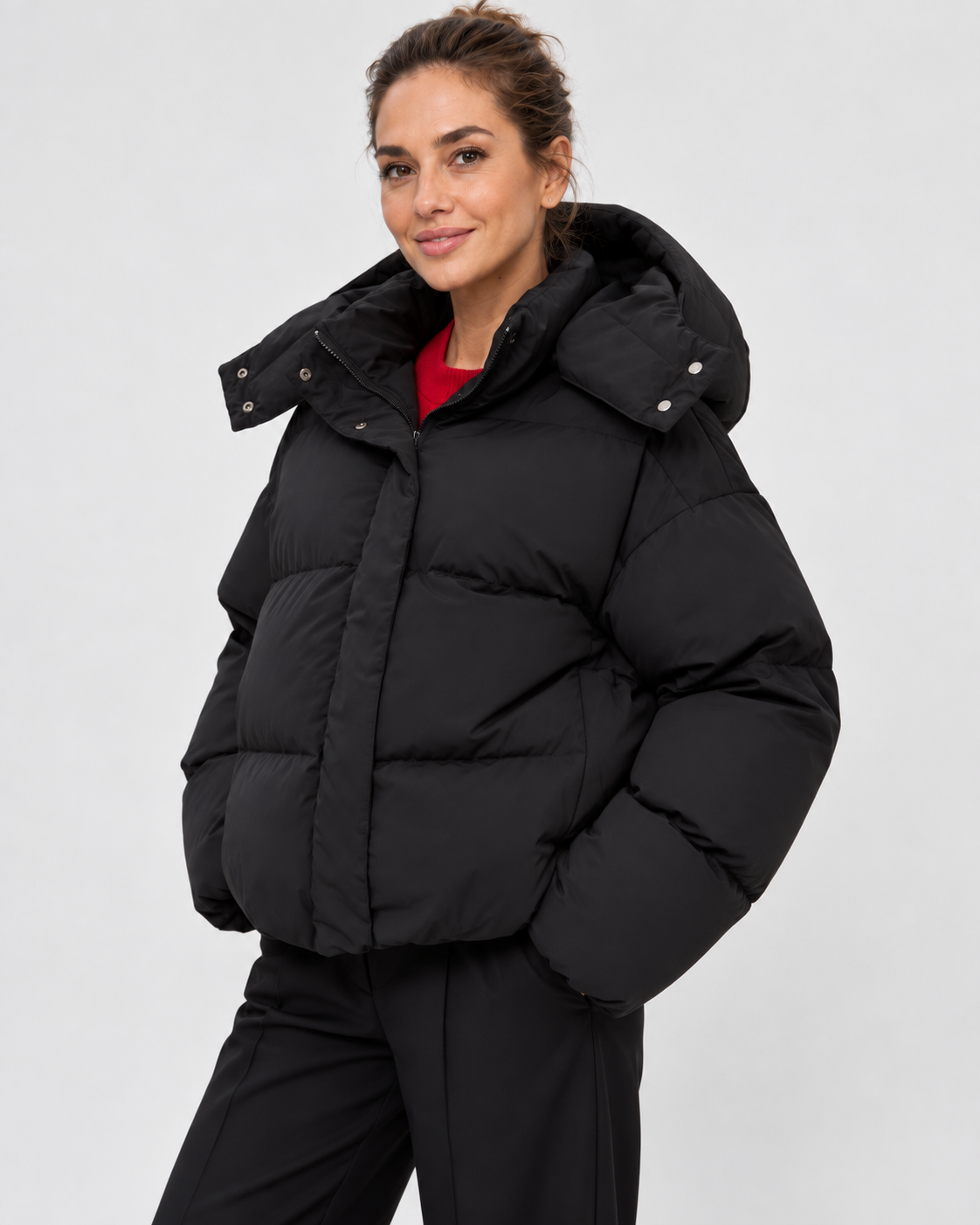 Women's Cropped Oversized Puffer Jacket with Detachable Hood and Zip Front
