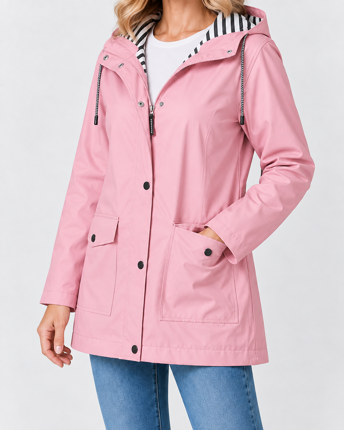 Women's Waterproof Windproof Hooded Rain Coat with Zip Front and Pockets