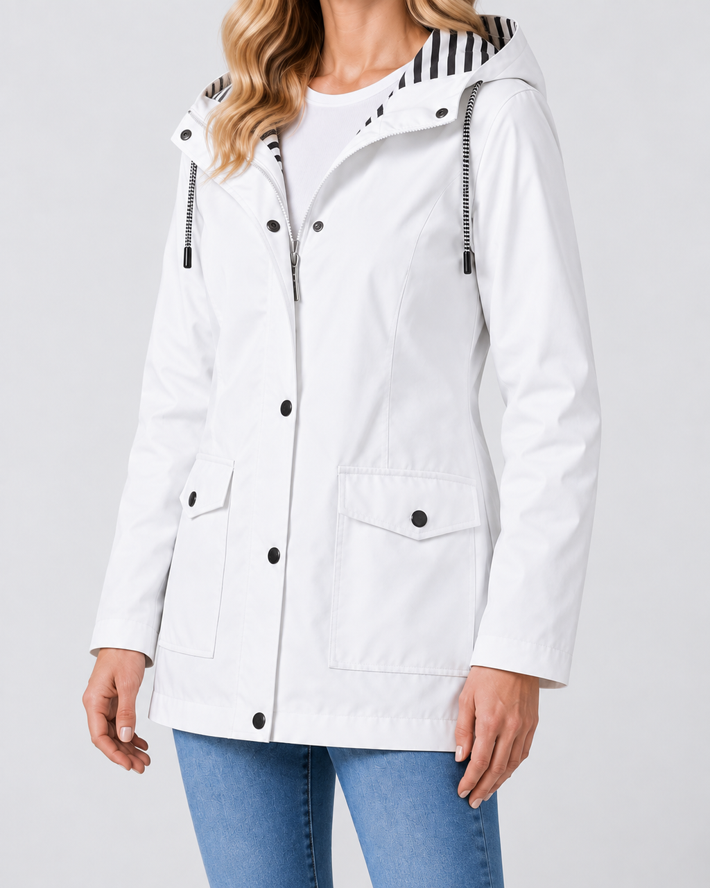 Women's Waterproof Windproof Hooded Rain Coat with Zip Front and Pockets