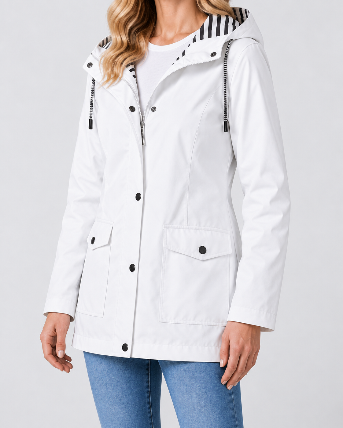 Women's Waterproof Windproof Hooded Rain Coat with Zip Front and Pockets