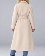 Women's Long Belted Double Breasted Coat with Lapel Collar and Pockets