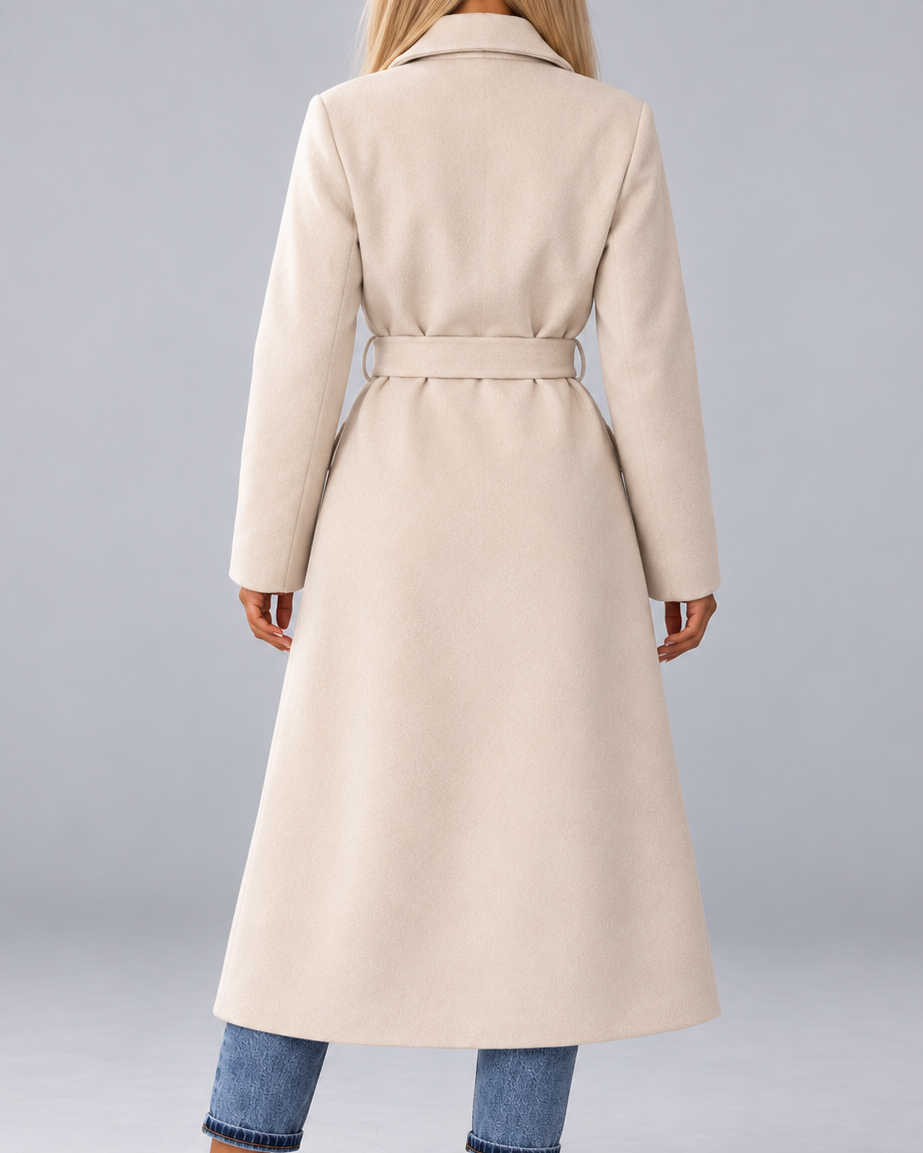 Women's Long Belted Double Breasted Coat with Lapel Collar and Pockets