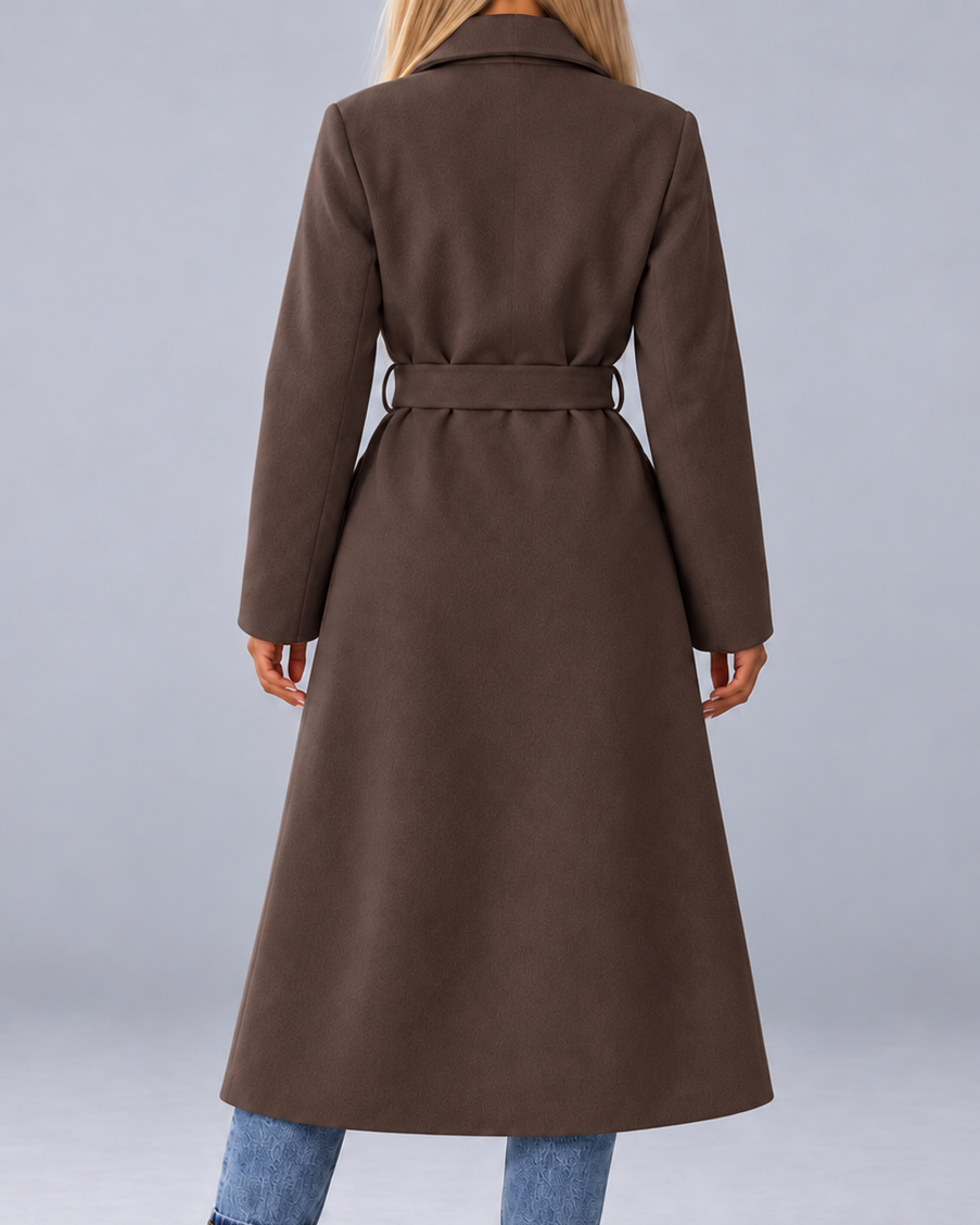 Women's Long Belted Double Breasted Coat with Lapel Collar and Pockets
