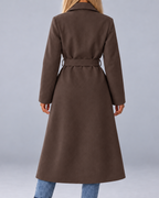 Women's Long Belted Double Breasted Coat with Lapel Collar and Pockets
