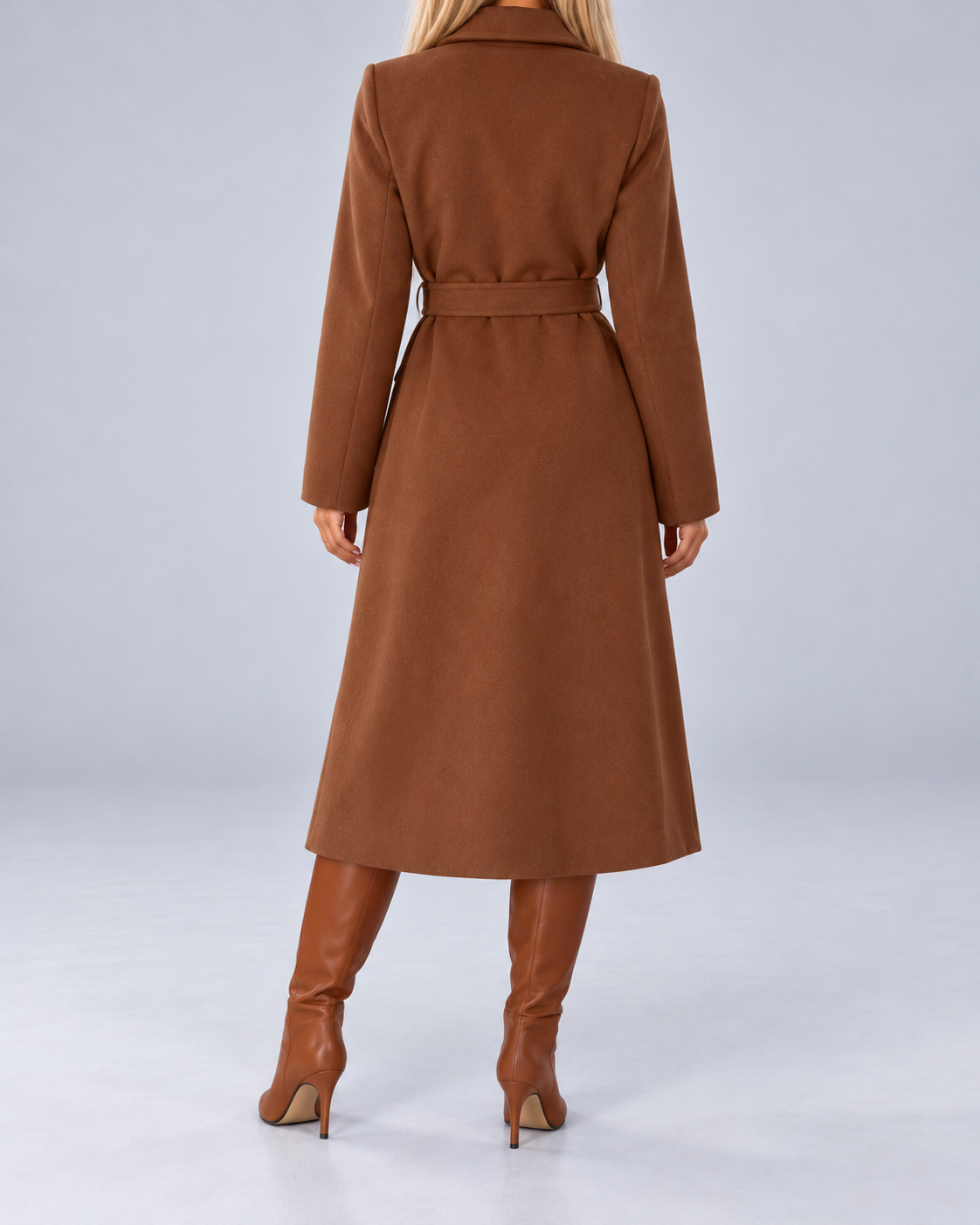 Women's Long Belted Double Breasted Coat with Lapel Collar and Pockets