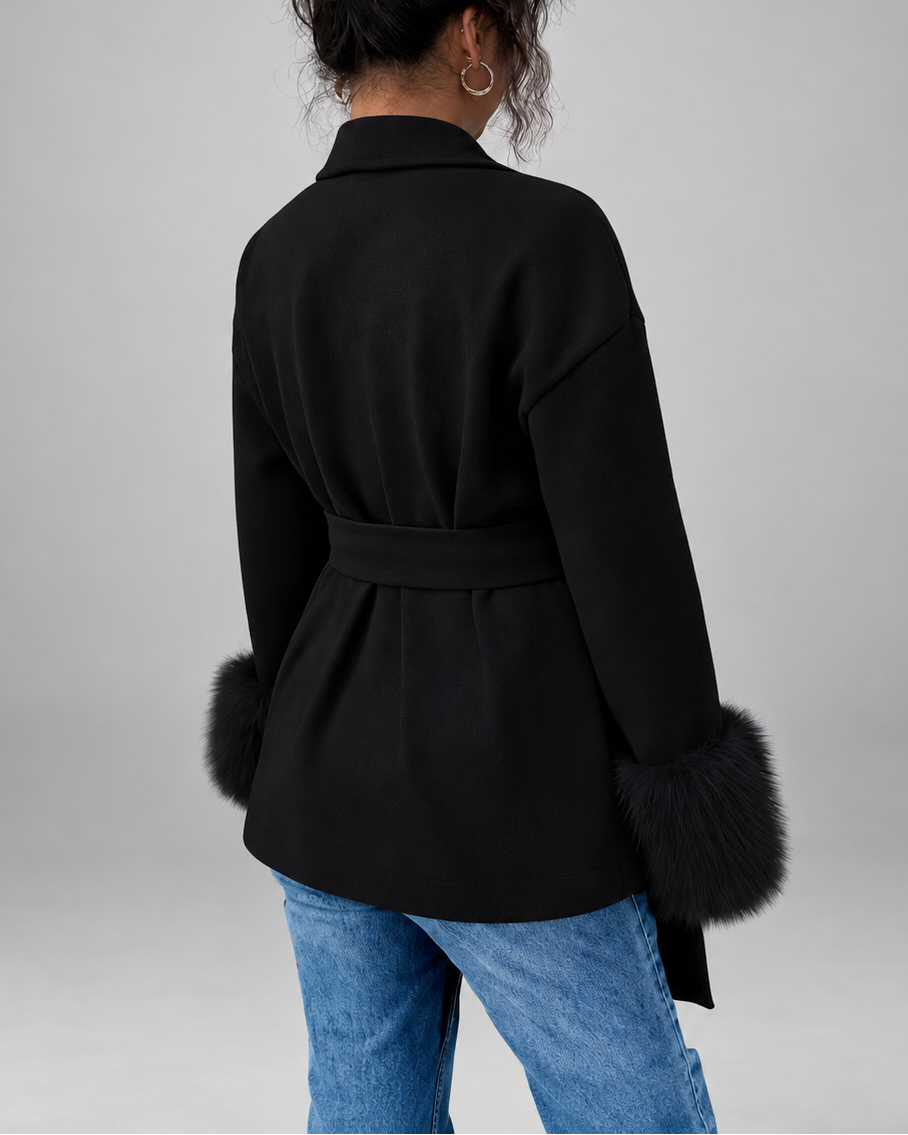 Women's Belted Blazer Jacket with Faux Fur Cuffs