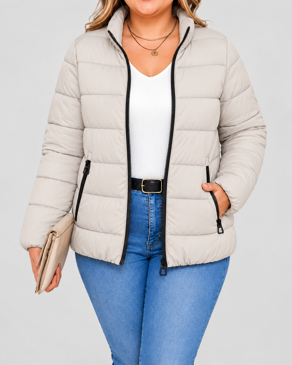 Women's Puffer Jacket with Zip Pockets and Stand Collar