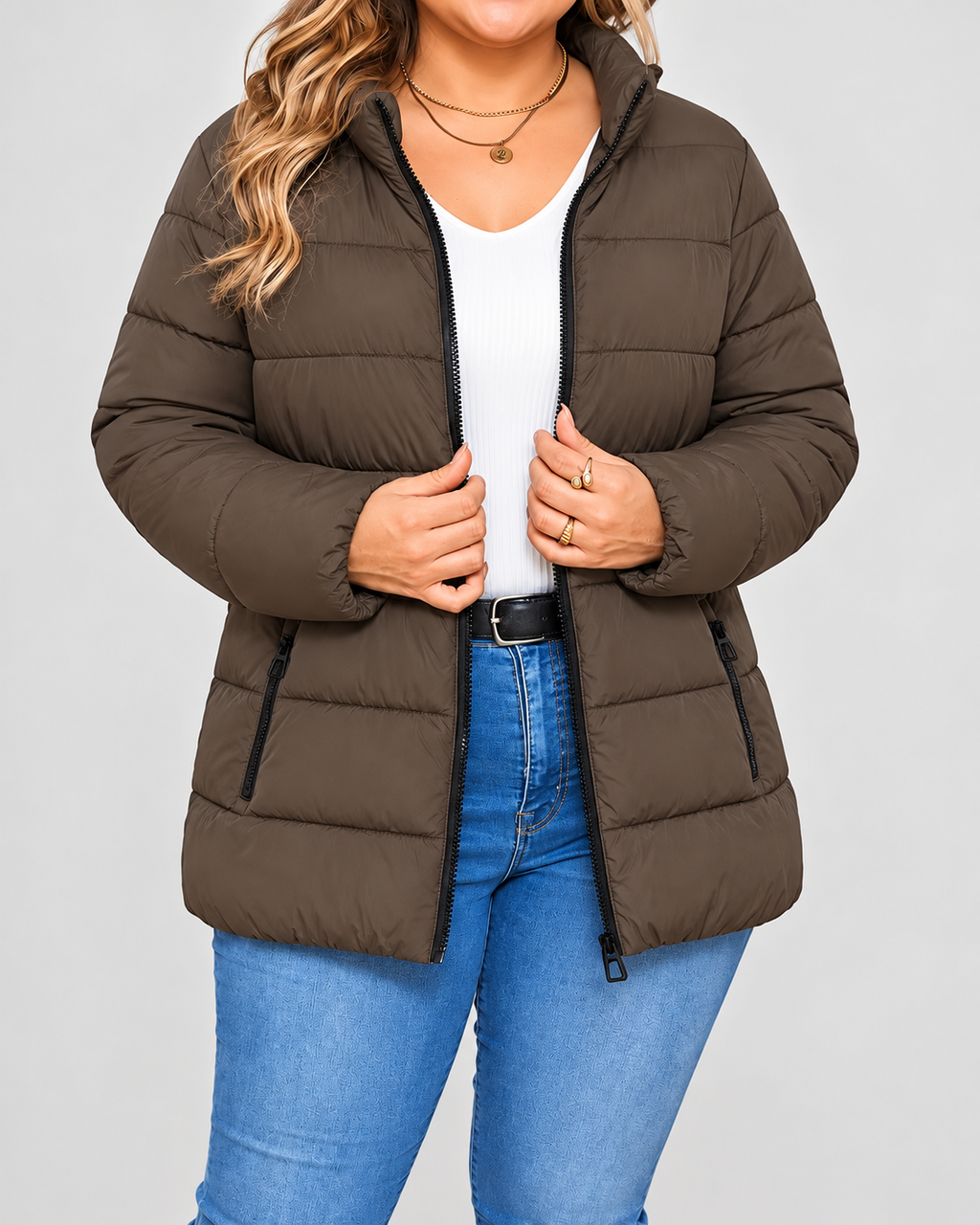Women's Puffer Jacket with Zip Pockets and Stand Collar