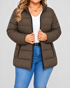 Women's Puffer Jacket with Zip Pockets and Stand Collar