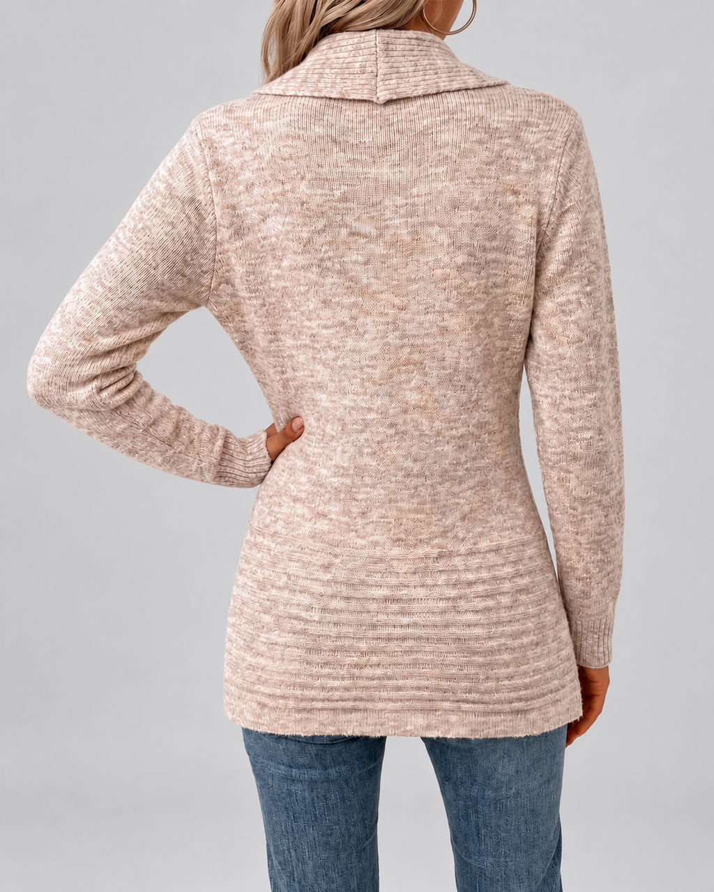Women's Longline Knit Cardigan with Shawl Collar and Button Tabs