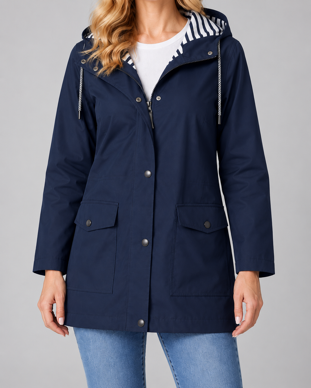 Women's Waterproof Windproof Hooded Rain Coat with Zip Front and Pockets