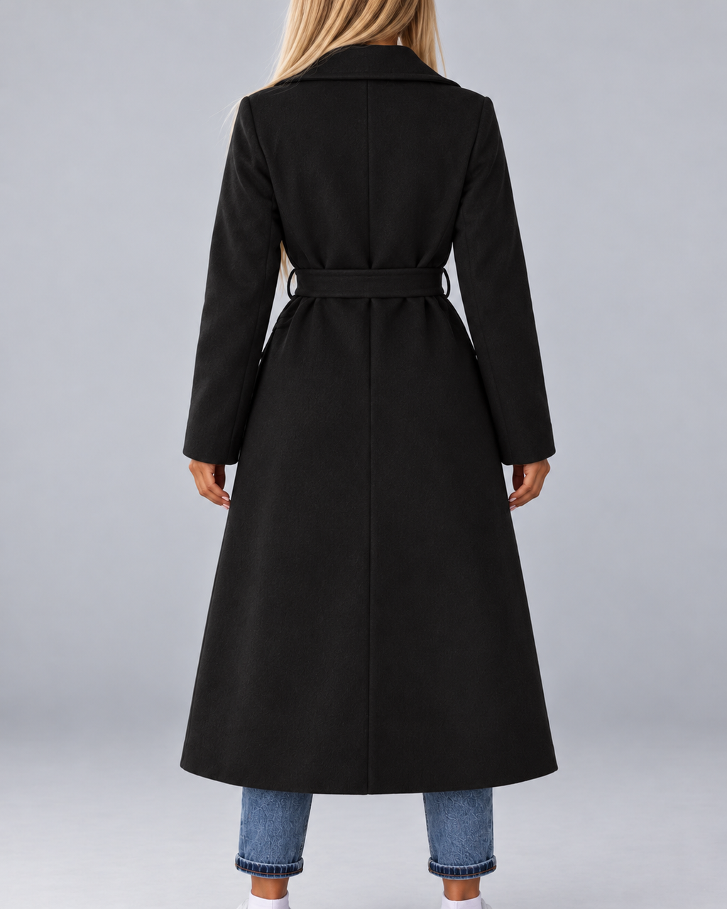 Women's Long Belted Double Breasted Coat with Lapel Collar and Pockets