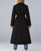 Women's Long Belted Double Breasted Coat with Lapel Collar and Pockets