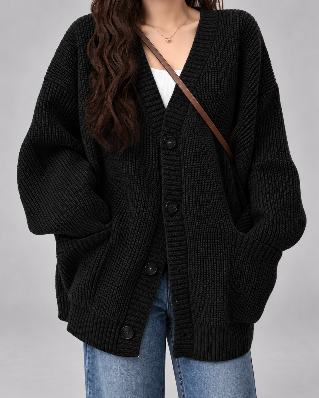 Women's Oversized V-Neck Cardigan with Button Front